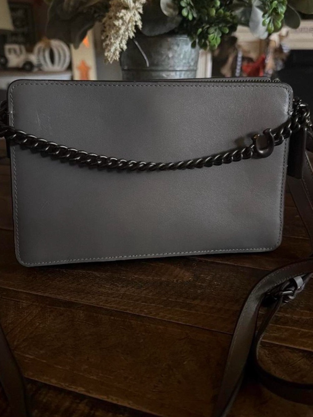 Coach Smooth Black Leather Crossbody with Black Chain Strap